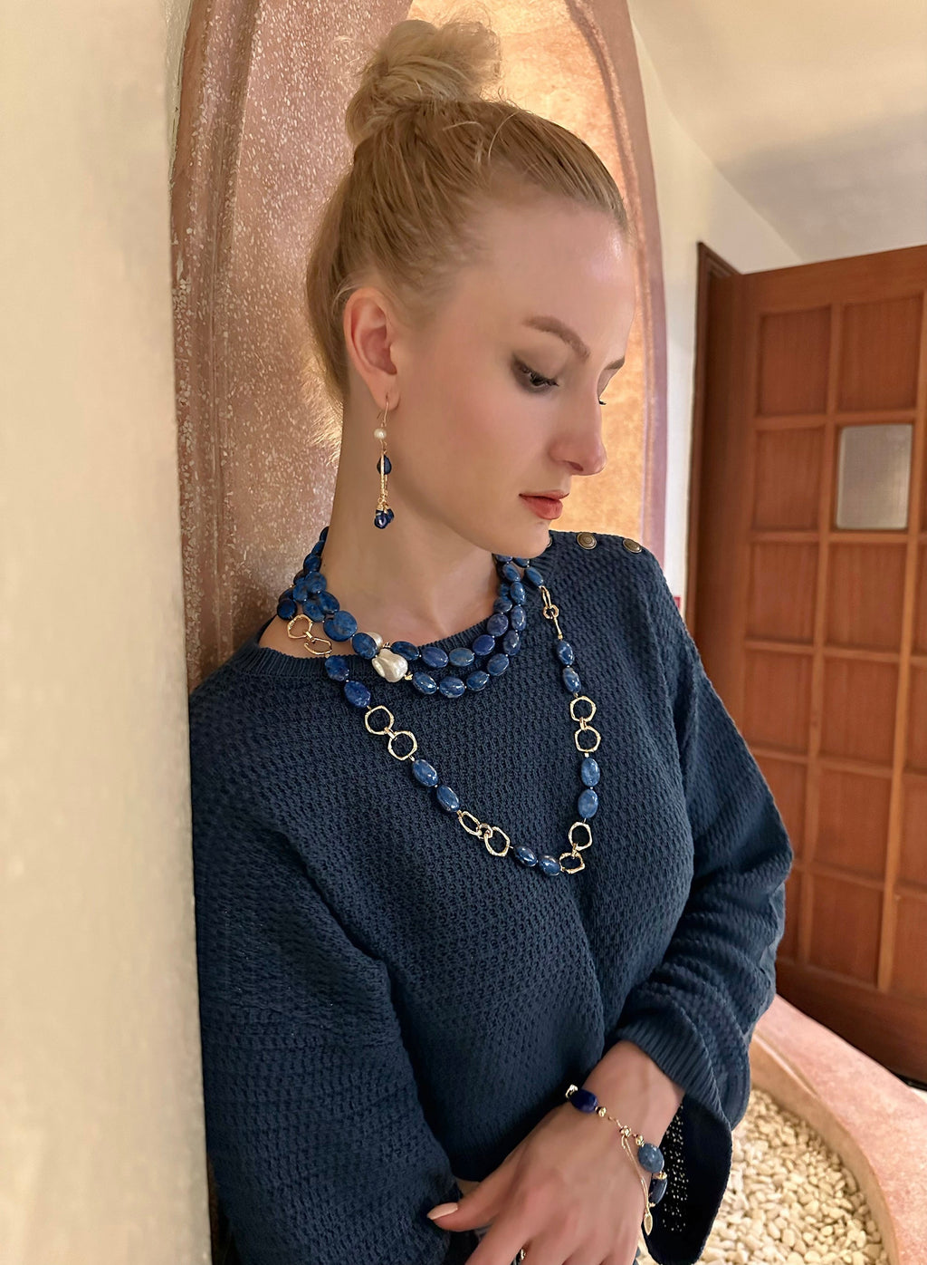 Blue Lapis Chain Trendy Necklace KN017