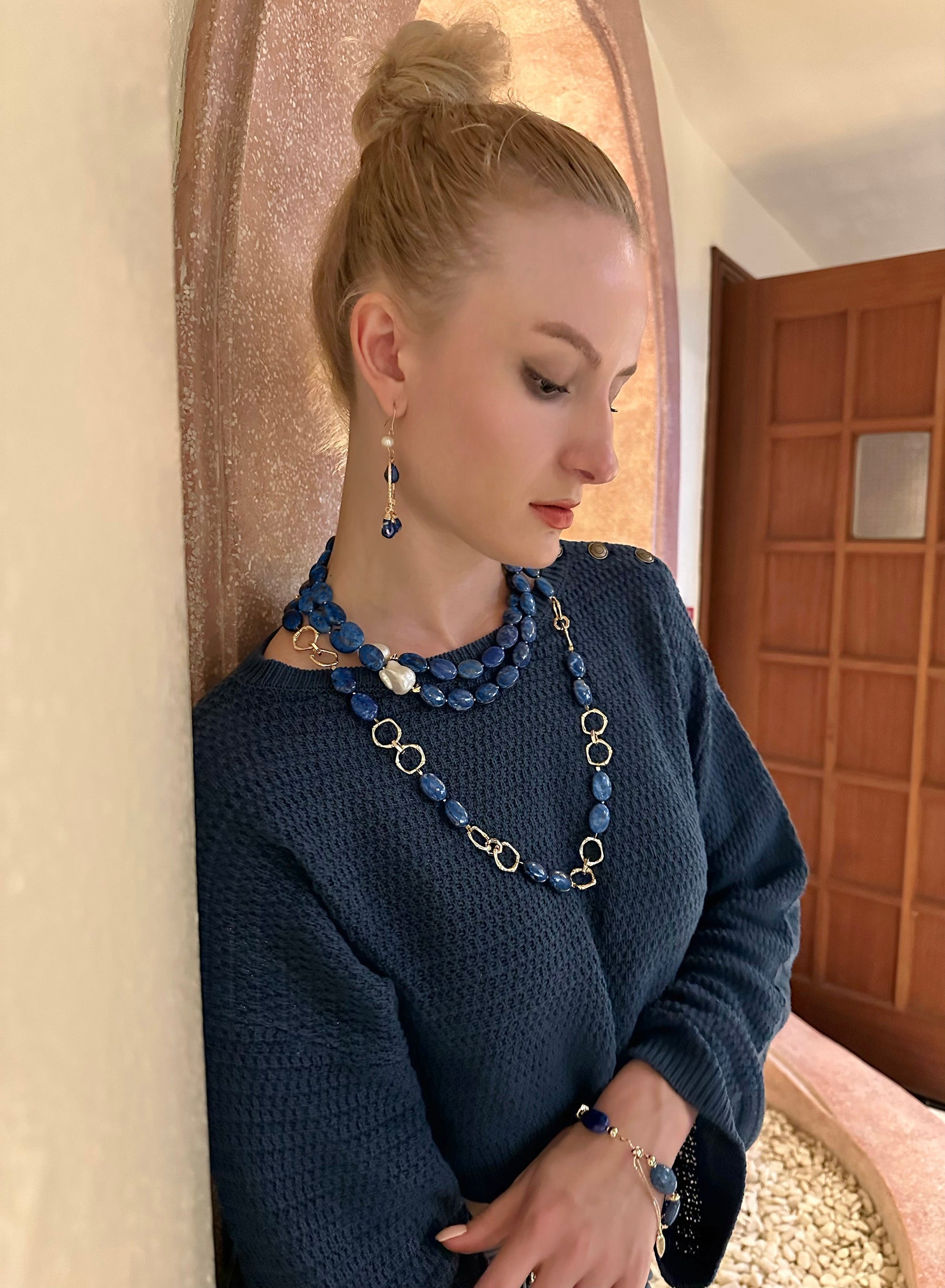 Blue Lapis Chain Trendy Necklace KN017