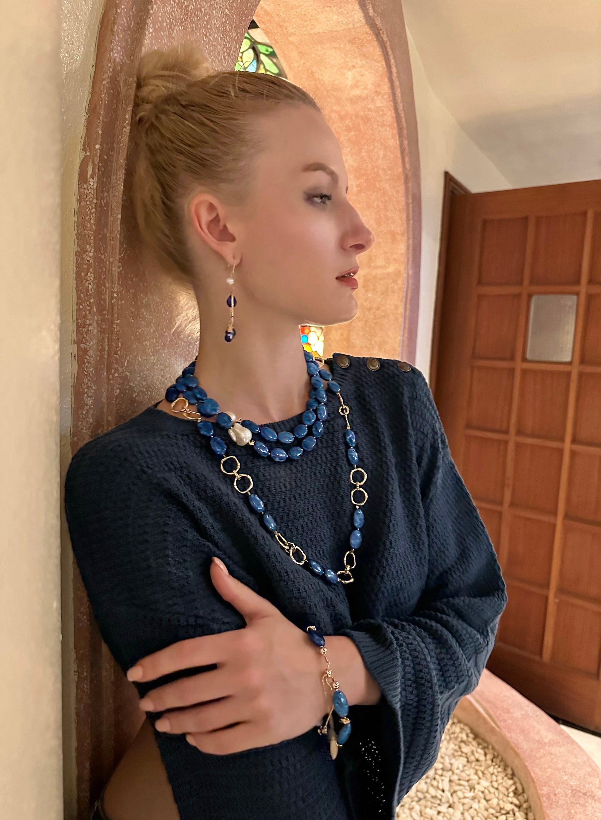 Blue Lapis Chain Trendy Necklace KN017